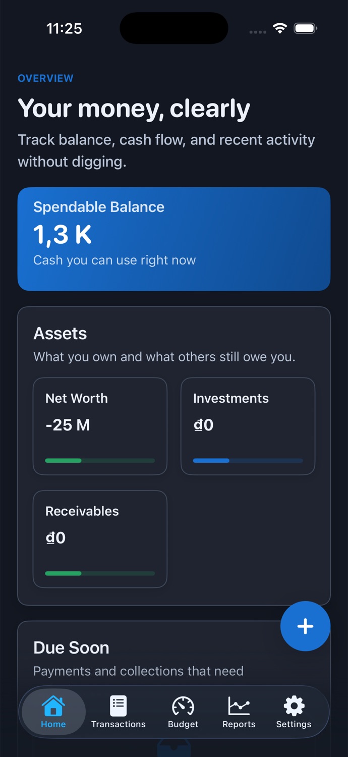 MoneyFlow Ledger overview showing spendable balance, assets, and upcoming payments