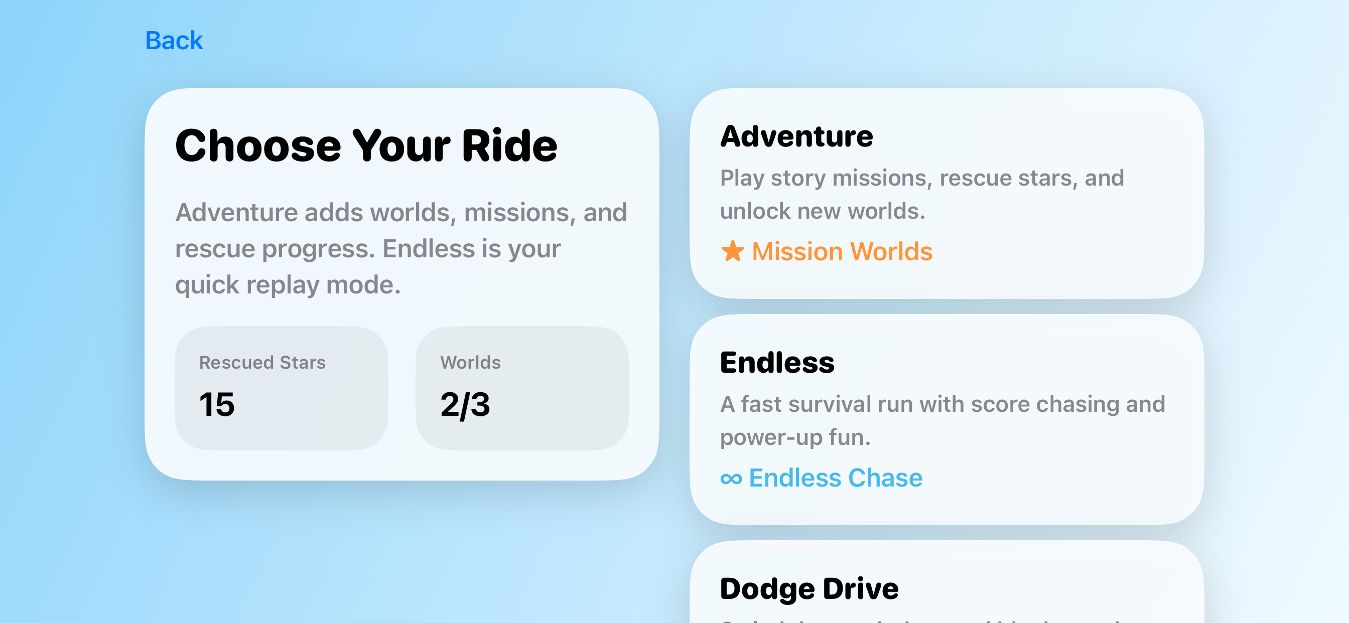 Tiny Car Jump mode selection screen